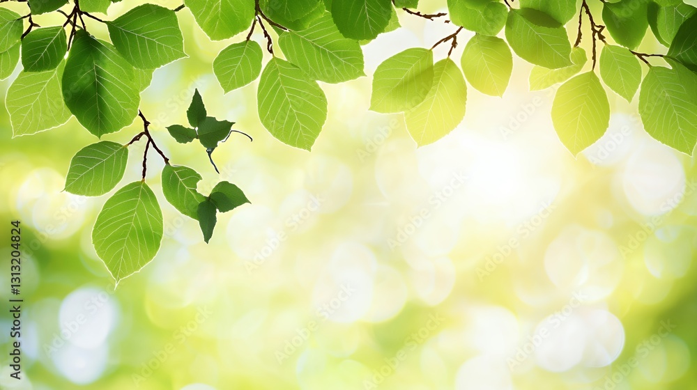Bright Green Leaves on Branch with Soft Sunlight Background Bright Green Leaves on Branch with Soft Sunlight Background