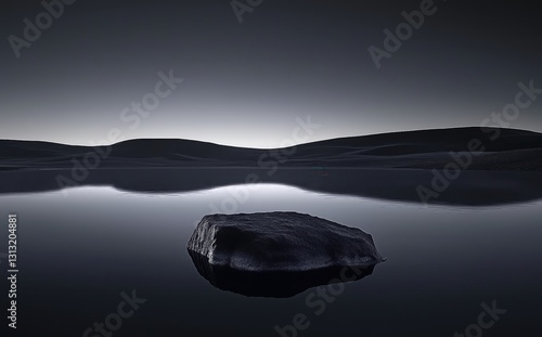 Serene Dark Stone Resting on Tranquil Water Against a Minimalist Dusk Landscape
