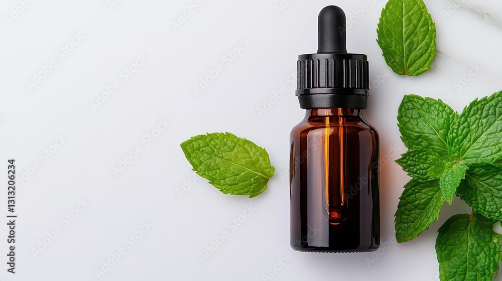 Elegant bottle of peppermint essential oil on rustic wooden surface with natural light highlighting the glass Elegant bottle of peppermint essential oil on rustic wooden surface with natural light highlighting the glass