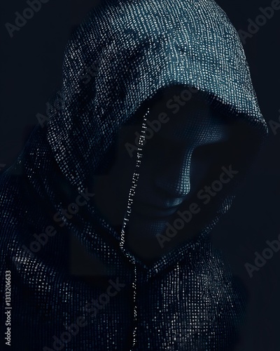 A person in a hoodie with digital code covering the face