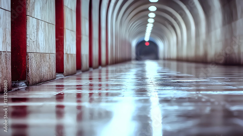 An illuminated tunnel hallway with repeating arches  glossy floor  and red-and-white columns on the side.