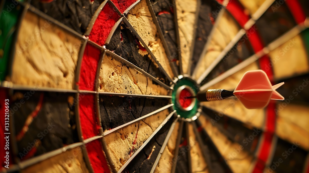 Focused Dart Hitting the Bullseye of a Classic Dartboard with Vibrant Colors and Texture Focused Dart Hitting the Bullseye of a Classic Dartboard with Vibrant Colors and Texture