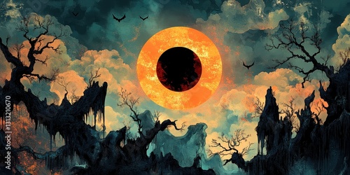 An ominous landscape features a sun eclipse over a desolate forest
