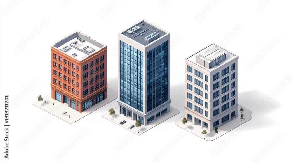 Isometric City Buildings - Three Different Architectural Styles Isometric City Buildings - Three Different Architectural Styles