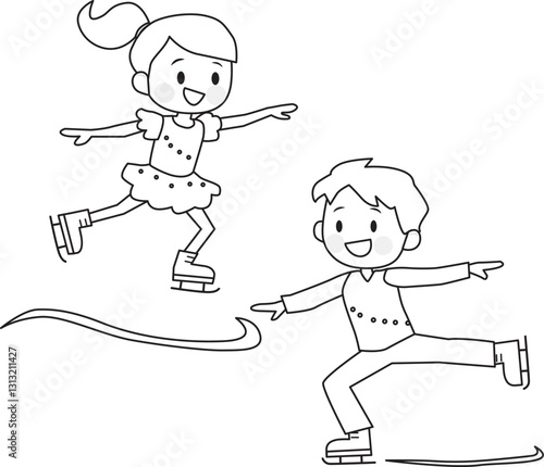 Line drawing of children figure skating. Ice skating.  Cute, fun. Vector illustration.