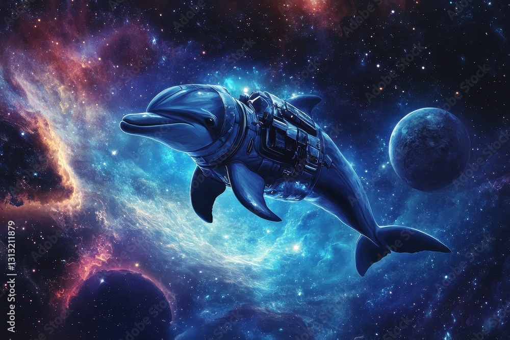 Naklejka premium A futuristic mechanical dolphin is swimming through the space universe