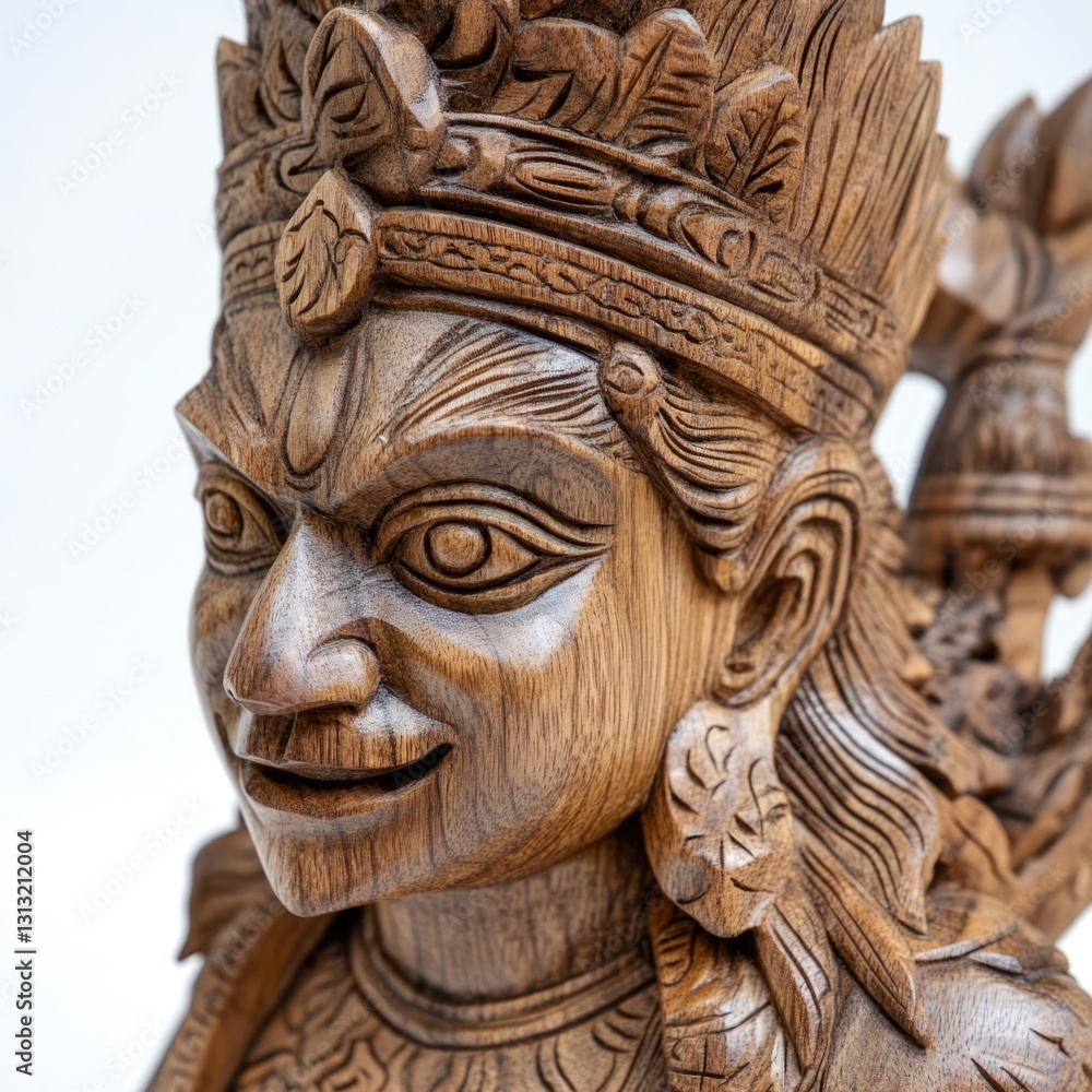 Intricate wooden sculpture of a deity artisan workshop craftsmanship indoor close-up cultural heritage Intricate wooden sculpture of a deity artisan workshop craftsmanship indoor close-up cultural heritage