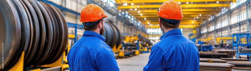 Two men working together in industrial factory environment focused on task at hand with equipment and machinery Two men working together in industrial factory environment focused on task at hand with equipment and machinery