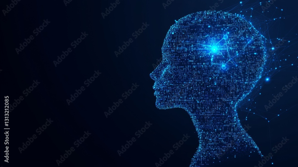 Obraz premium A digital human head formed by binary code with a glowing network connection in the brain area, symbolizing artificial intelligence and data networks.. AI Generation