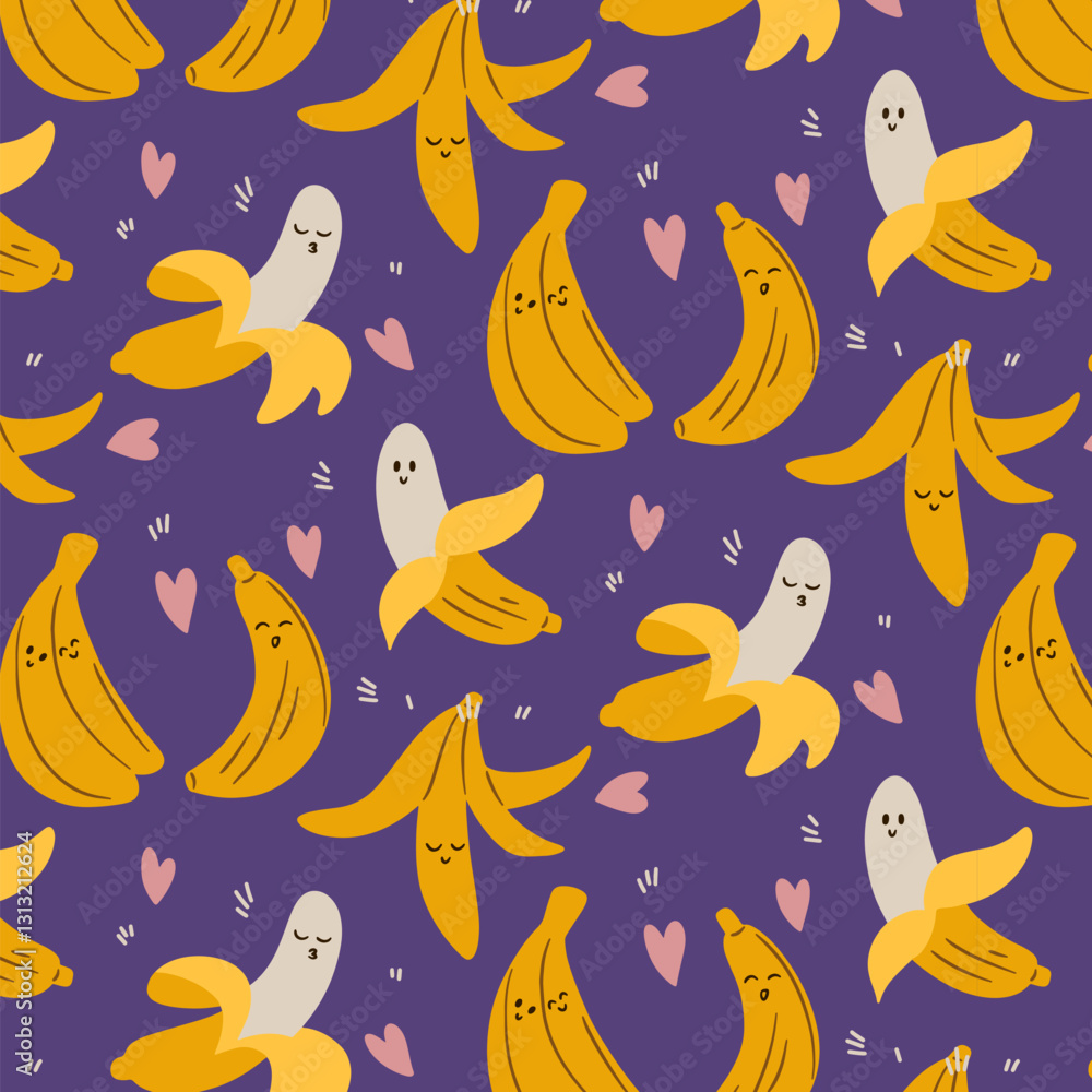 Obraz premium Cute Banana with Faces and Heart Shapes Seamless Pattern on Purple Background