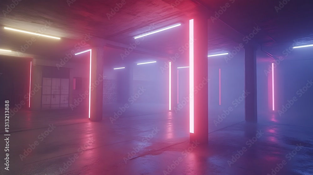 Fototapeta premium Neon Lights Illuminate Empty Industrial Space