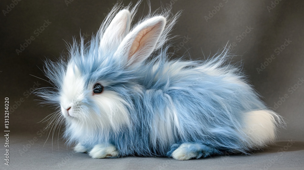 Adorable Fluffy Blue Angora Rabbit Sitting on Gray Background Adorable Fluffy Blue Angora Rabbit Sitting on Gray Background
