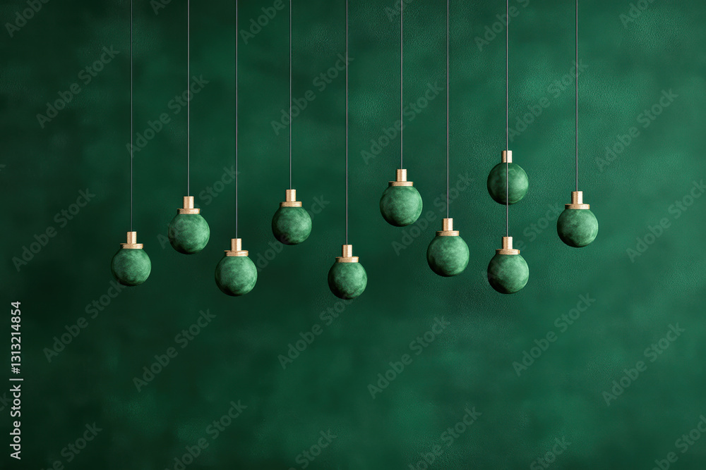 Minimalist chandeliers in St Patrick's Day, Elegant green ornaments hanging against a rich green background, perfect for holiday or festive themes, offering a serene atmosphere. Minimalist chandeliers in St Patrick's Day, Elegant green ornaments hanging against a rich green background, perfect for holiday or festive themes, offering a serene atmosphere.