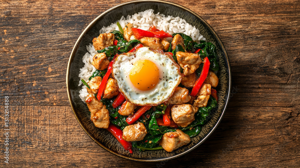 Stir-fried Thai chicken with spinach and red peppers, served on top of rice, with a fried egg, generative AI Stir-fried Thai chicken with spinach and red peppers, served on top of rice, with a fried egg, generative AI