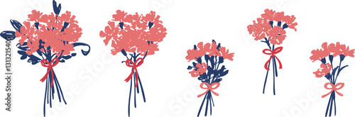 母の日のカーネーションイラスト。カーネーションのと草木の母の日フレーム。手書きのベクターイラスト。Mother's Day Carnation Illustration. Mother's day frame of carnations and plants and trees. Hand drawn vector illustration.