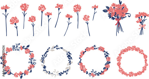 母の日のカーネーションイラスト。カーネーションのと草木の母の日フレーム。手書きのベクターイラスト。Mother's Day Carnation Illustration. Mother's day frame of carnations and plants and trees. Hand drawn vector illustration.