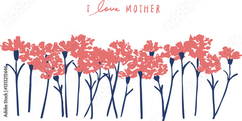 母の日のカーネーションイラスト。カーネーションのと草木の母の日フレーム。手書きのベクターイラスト。Mother's Day Carnation Illustration. Mother's day frame of carnations and plants and trees. Hand drawn vector illustration.