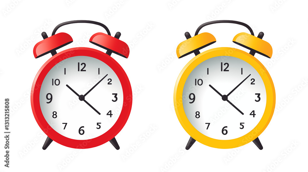 Dual Alarm Clocks Red and Yellow Timepieces isolated on transparent background Dual Alarm Clocks Red and Yellow Timepieces isolated on transparent background