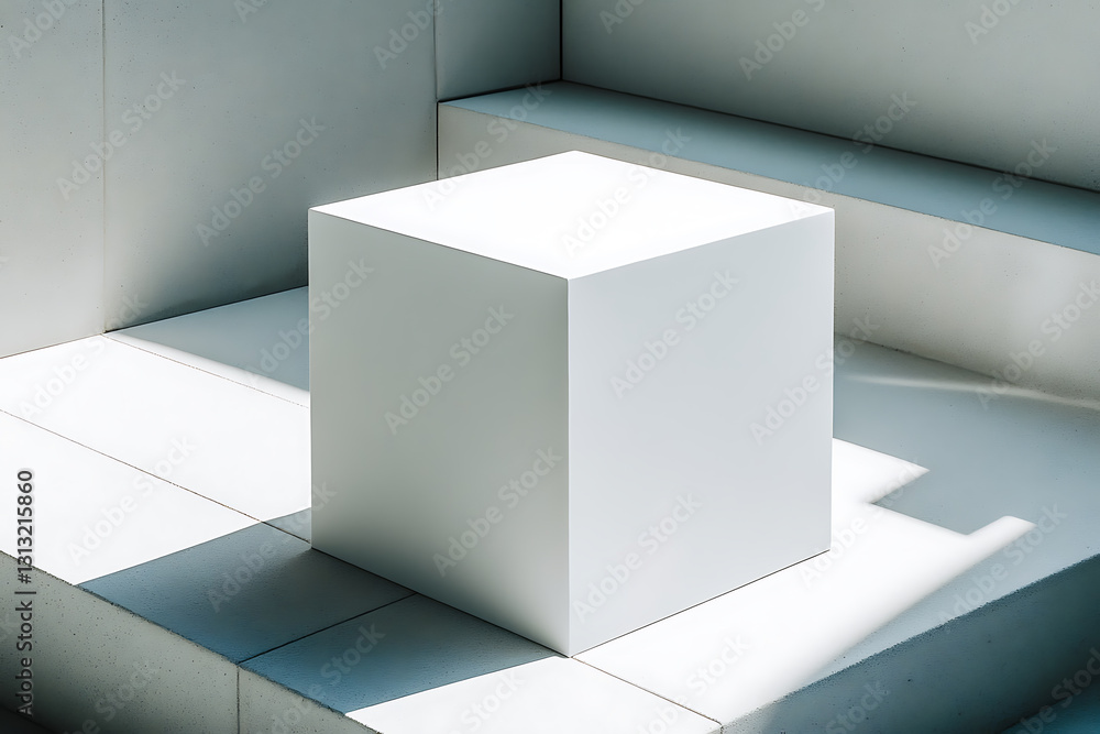 Minimalist white cube on geometric steps modern architecture interior design clean environment artistic viewpoint Minimalist white cube on geometric steps modern architecture interior design clean environment artistic viewpoint