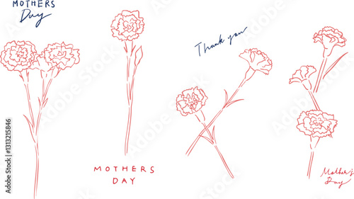 母の日のカーネーションイラスト。カーネーションのと草木の母の日フレーム。手書きのベクターイラスト。Mother's Day Carnation Illustration. Mother's day frame of carnations and plants and trees. Hand drawn vector illustration.