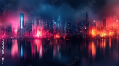 Dramatic urban fire event city skyline digital art nighttime reflected view chaos and resilience