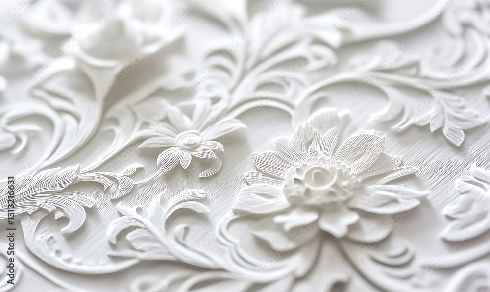 White Floral Relief Pattern: Intricate Ornate Design White Floral Relief Pattern: Intricate Ornate Design