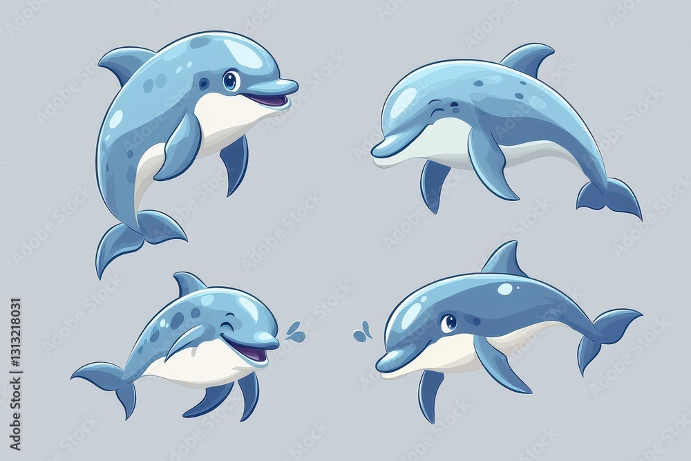 Obraz premium Adorable Cartoon Dolphins Displaying a Range of Playful Expressions and Poses