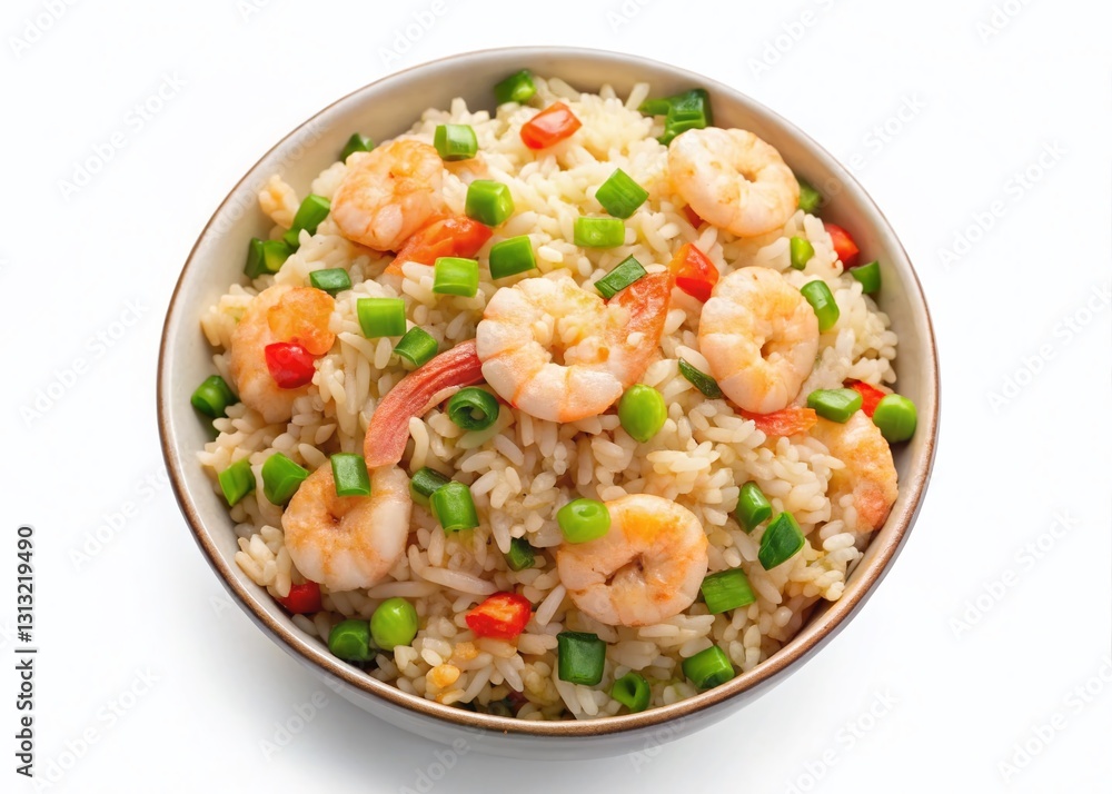 Delicious Shrimp Fried Rice in a Bowl - Aerial View Delicious Shrimp Fried Rice in a Bowl - Aerial View