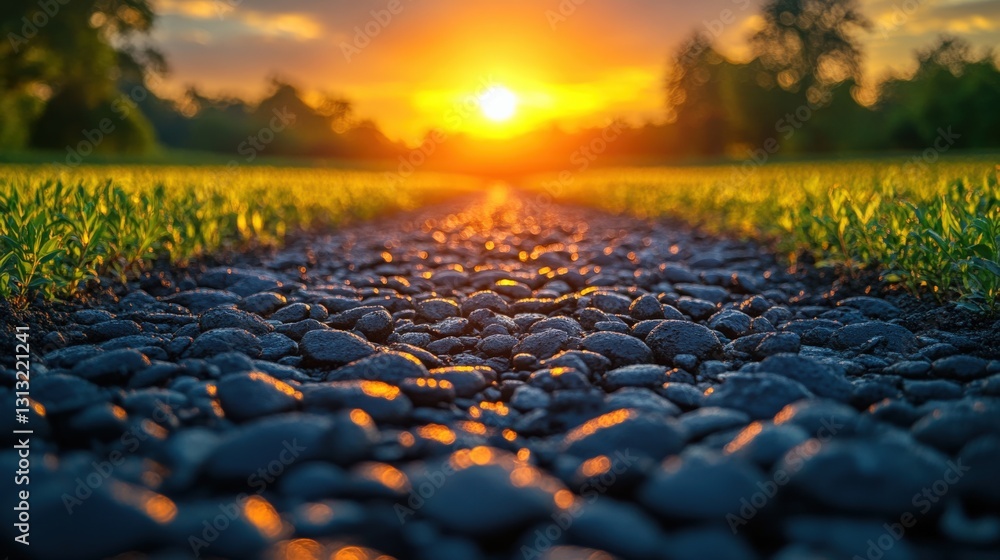 Obraz premium Serene sunset over a gravel pathway leading through lush green fields and trees