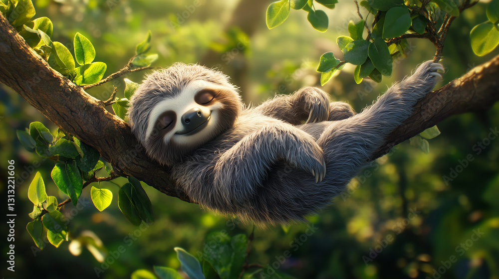 Fototapeta premium A Smiling Sloth Relaxing on a Tree Branch in the Sunlit Jungle. 