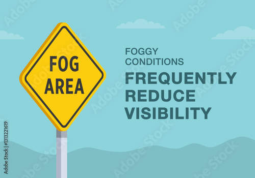 Safe driving tips and traffic regulation rules. Close-up of United States "fog area" sign meaning. Foggy conditions reduce visibility. Flat vector illustration template.
