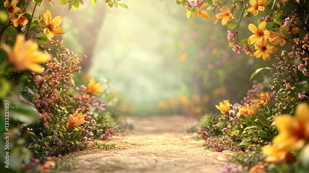 Naklejka premium Sunlit Path Through a Lush Garden with Yellow and Pink Flowers