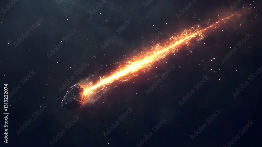 Fototapeta premium A fiery meteor streaks across a dark, star-studded space. Its incandescent trail illuminates the cosmos, creating a dramatic and intense scene.