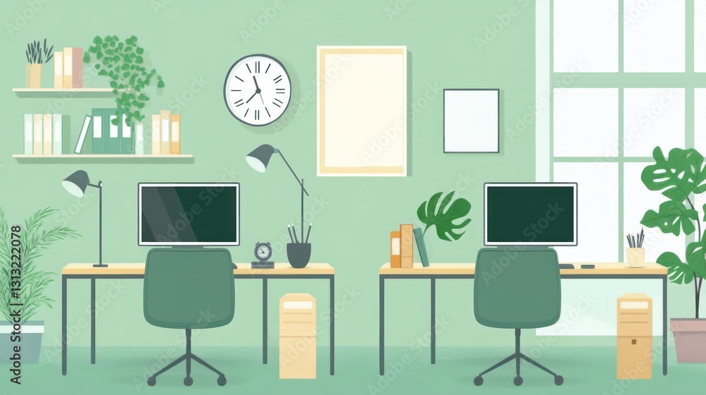 Two minimalist desks in a modern office, home office setup, working space, interior design Two minimalist desks in a modern office, home office setup, working space, interior design