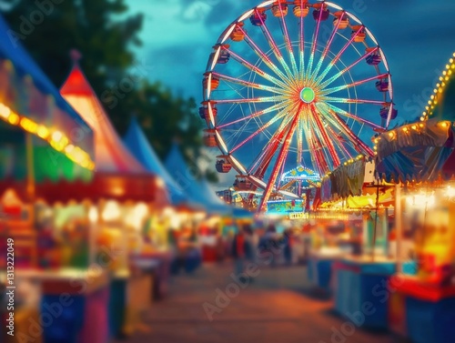 A vibrant ferris wheel illuminates a bustling fairground against the evening sky, creating a magical atmosphere for families and friends.
