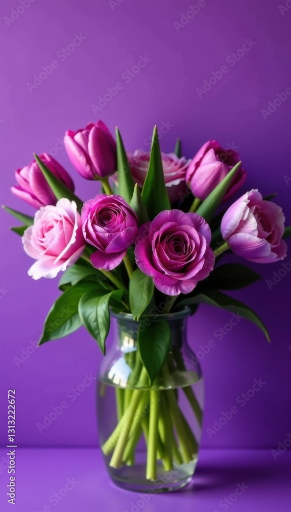 Fototapeta premium Luxurious purple tulips & roses bouquet on vibrant purple backdrop, flower arrangement, flora, art