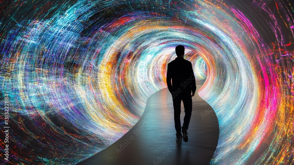 custom made wallpaper toronto digitalA silhouette of a person walking through a vibrant tunnel illuminated by swirling digital lights in vivid colors, creating a futuristic and immersive atmosphere.. AI Generation