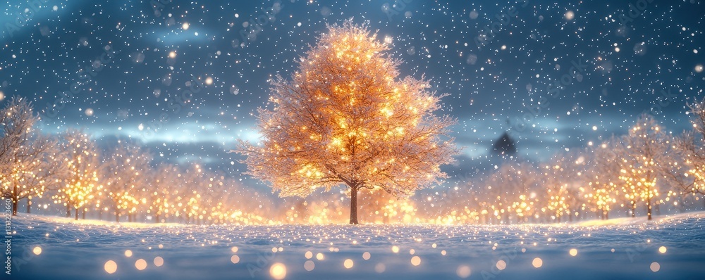 A serene snowy night scene featuring a tall, frosted evergreen tree adorned with twinkling fairy lights, casting a warm glow on the soft, white snow blanketing the ground. A serene snowy night scene featuring a tall, frosted evergreen tree adorned with twinkling fairy lights, casting a warm glow on the soft, white snow blanketing the ground.