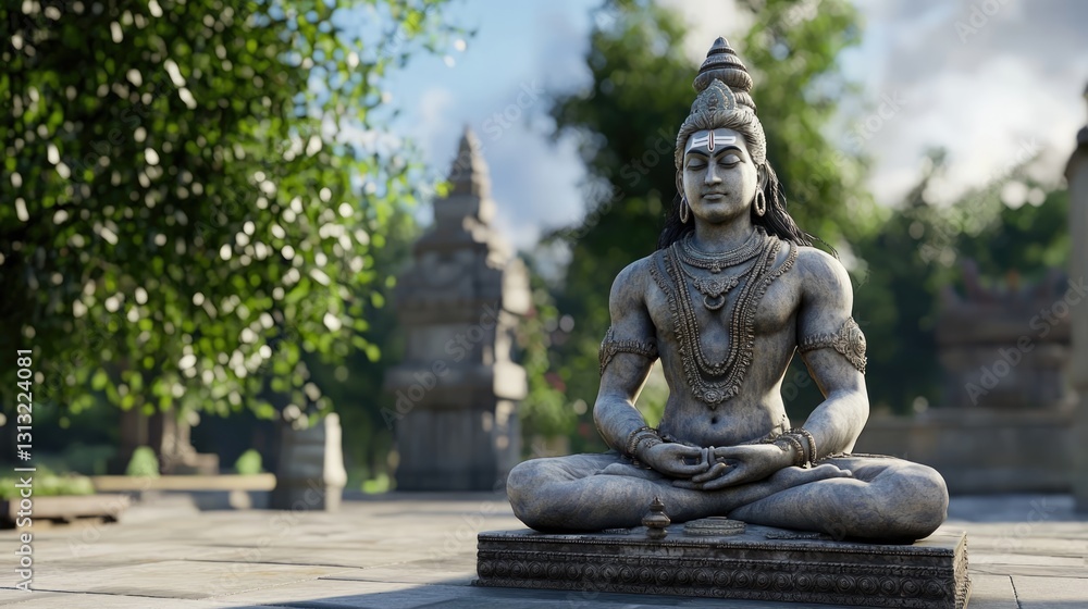 Serene shiva statue ancient temple grounds digital art lush garden close-up spiritual reflection Serene shiva statue ancient temple grounds digital art lush garden close-up spiritual reflection