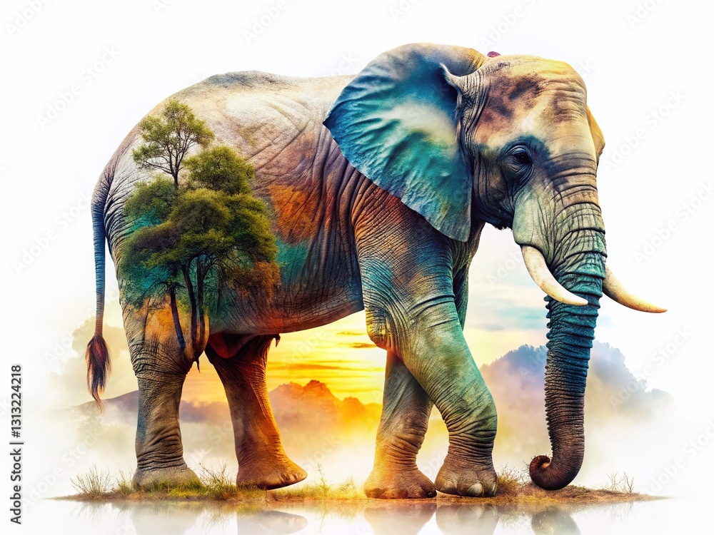 Fototapeta premium Double Exposure: Majestic Elephant & Abstract Art, Wildlife Photography