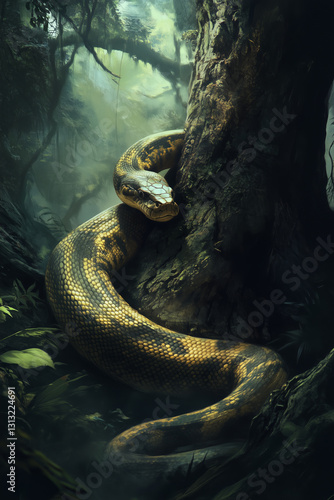 Large snake coiled around a tree in a dense jungle with dim light.

