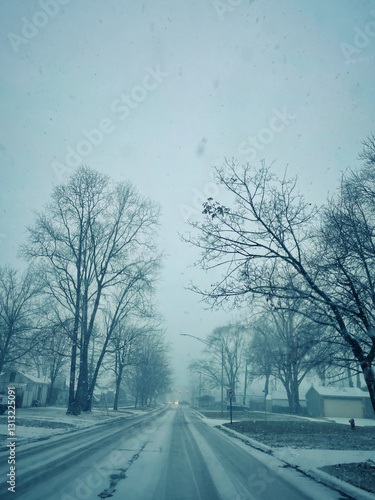 Quiet winter morning in a snowy neighborhood in Detroit