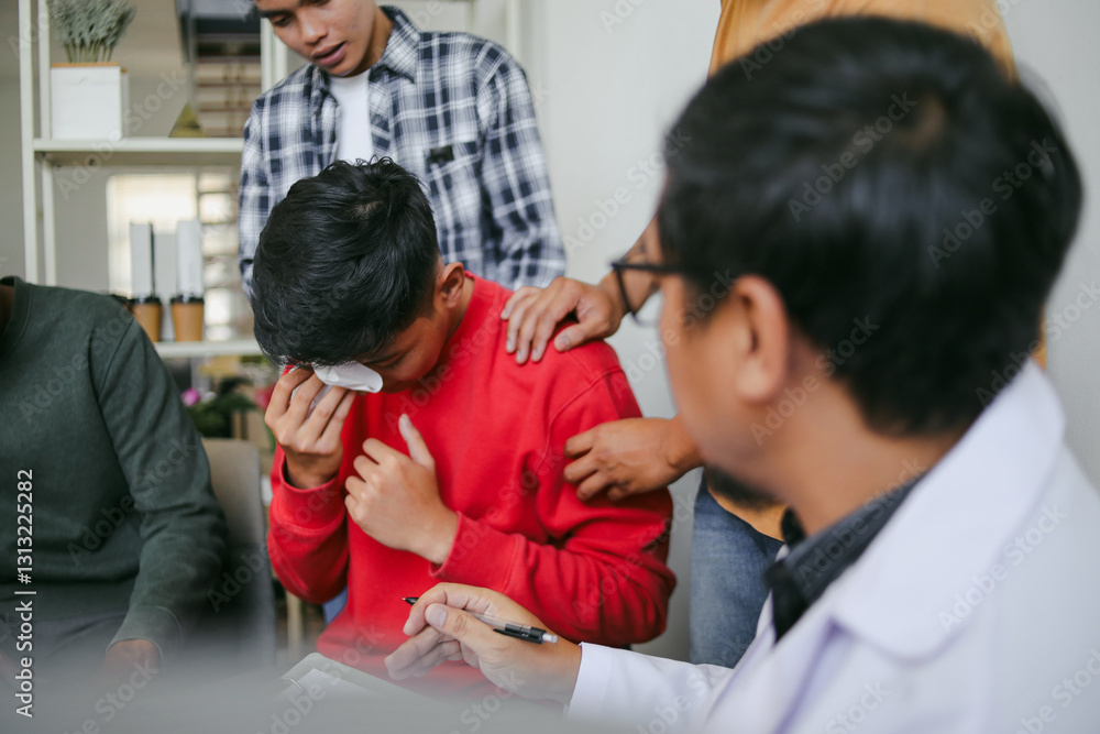 Portrait Of Diverse People Giving Supporting Friend While Sad During Group Therapy Session Portrait Of Diverse People Giving Supporting Friend While Sad During Group Therapy Session
