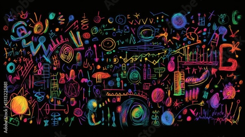 A vivid abstract composition featuring multicolored neon doodles, geometric shapes, and glowing symbols on a black background. A bold and creative design full of energy.. AI Generation