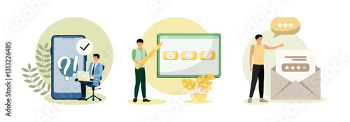 Asking and giving positive five star evaluation. Customer satisfaction. Rating scale.