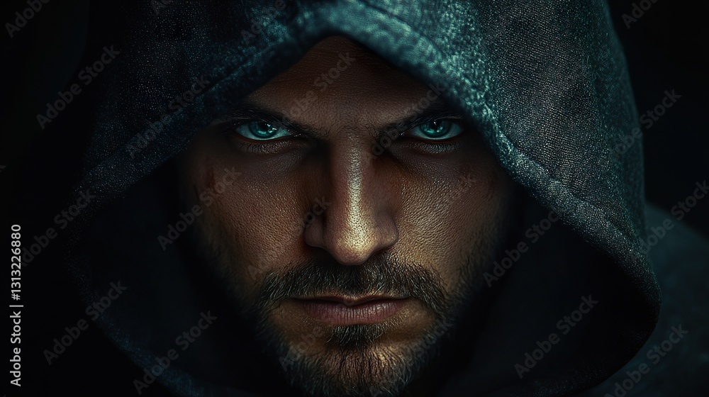 A hooded man intensely gazing directly at the viewer A hooded man intensely gazing directly at the viewer