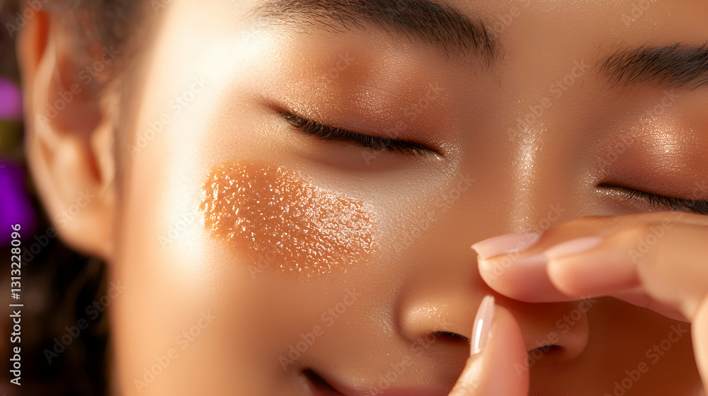 A person with closed eyes and facial scrub application A person with closed eyes and facial scrub application