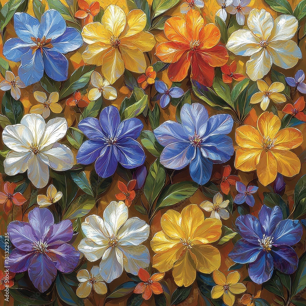Fototapeta premium A vibrant painting featuring a stunning bouquet of multicolored flowers, including reds, yellows, and blues, artfully arranged on a rustic brown wooden surface, creating a warm, inviting atmosphere.