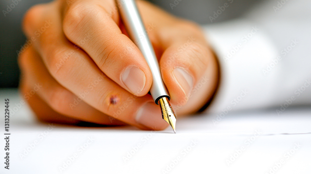 Closeup of hand signing important document with elegant pen, business deal moment, natural office lighting Closeup of hand signing important document with elegant pen, business deal moment, natural office lighting
