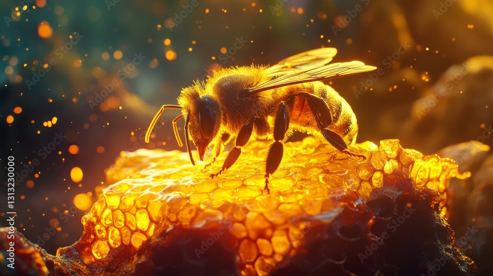 Macro image of a honeybee gathering nectar on a radiant honeycomb. Captivating golden hues and scattered pollen particles accentuate the beauty of this natural moment.. AI Generation Macro image of a honeybee gathering nectar on a radiant honeycomb. Captivating golden hues and scattered pollen particles accentuate the beauty of this natural moment.. AI Generation